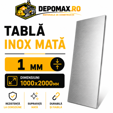 Tabla inox mata AISI 304 2B, 1 x 1000 x 2000 mm, 2 mp